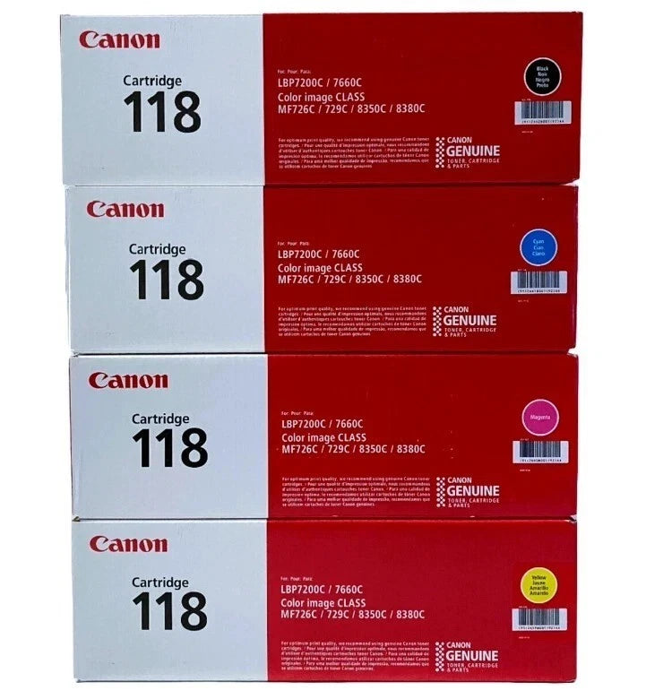 Canon 118 Toner Cartridge Set (Black, Cyan, Magenta, Yellow) — Complete Color Printing Solution